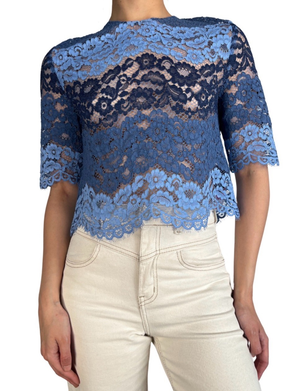 Sandro Paris Blue Two Tone Floral Lace Crop Top Blouse Scalloped Hem 2 / Medium